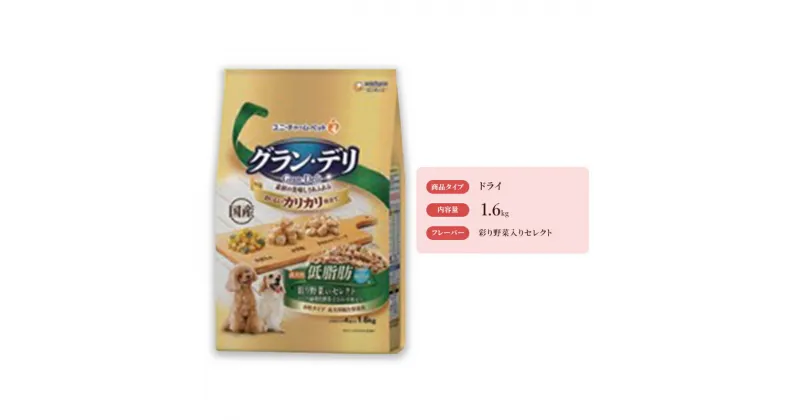 【ふるさと納税】グラン・デリ カリカリ仕立て 成犬用 低脂肪 彩り野菜入りセレクト～脂肪分約25％カット～ 1.6kg×4袋　 ペットフード ドッグフード カリカリ ドライフード ささみ チーズ 大豆フレーク 野菜 低脂肪