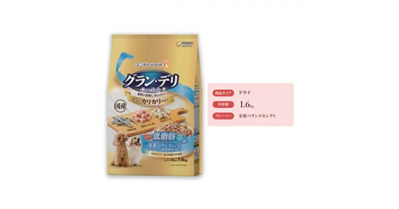 【ふるさと納税】グラン・デリ カリカリ仕立て 7歳頃からの低脂肪 栄養バランスセレクト～脂肪分約35%カット～ 1.6kg×4袋　 ペットフード ドッグフード カリカリ ドライフード ささみ チーズ 大豆フレーク 低脂肪 7歳頃から